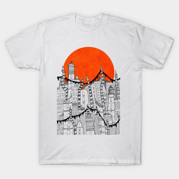 As the red sun rises over the rooftop T-Shirt by Swadeillustrations